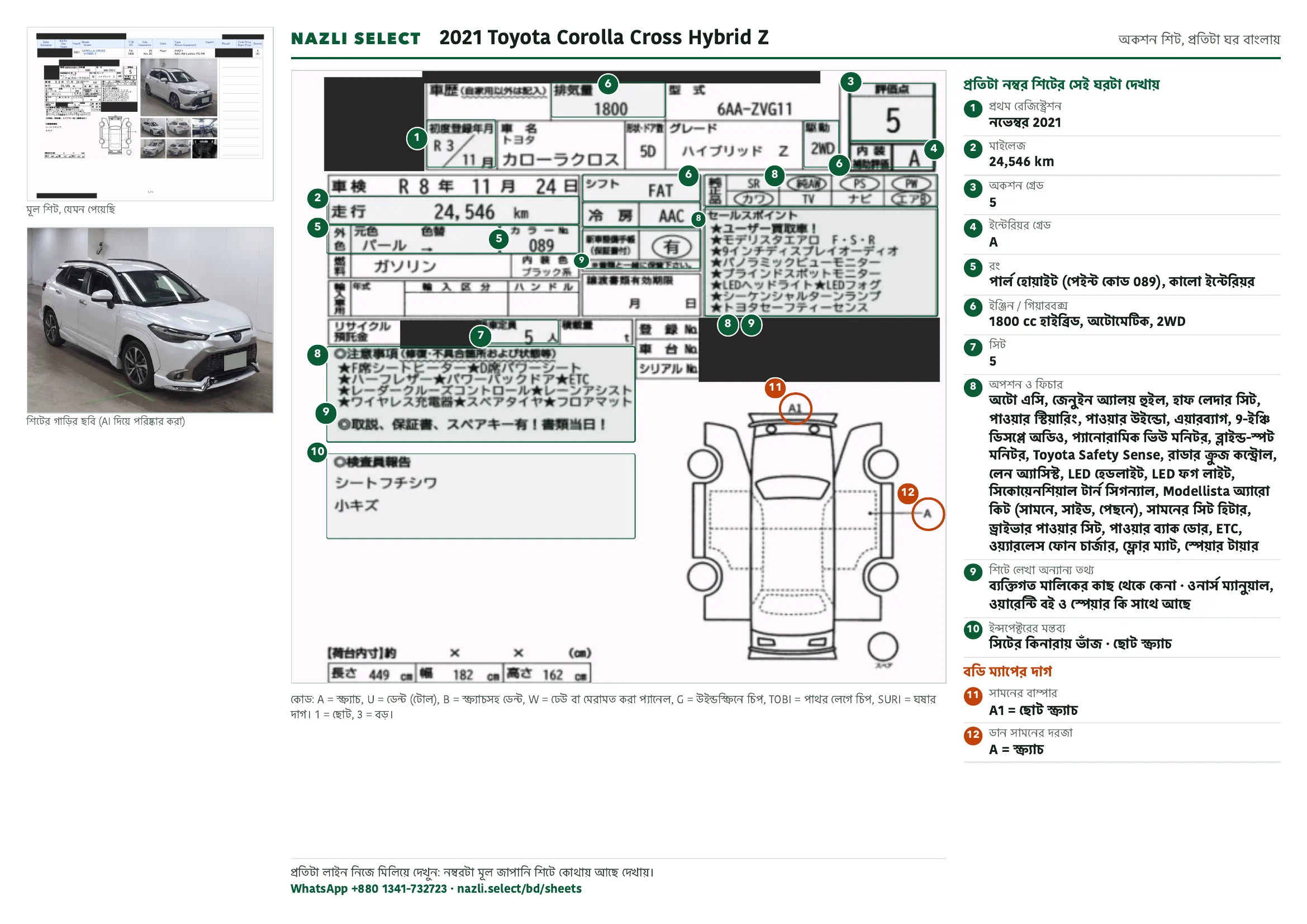 Annotated auction sheet of the 2021 Toyota Corolla Cross Hybrid Z, বাংলা