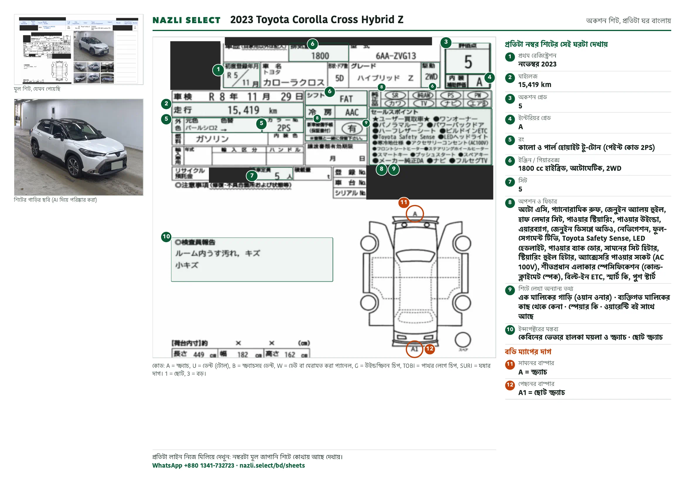 Annotated auction sheet of the 2023 Toyota Corolla Cross Hybrid Z, বাংলা