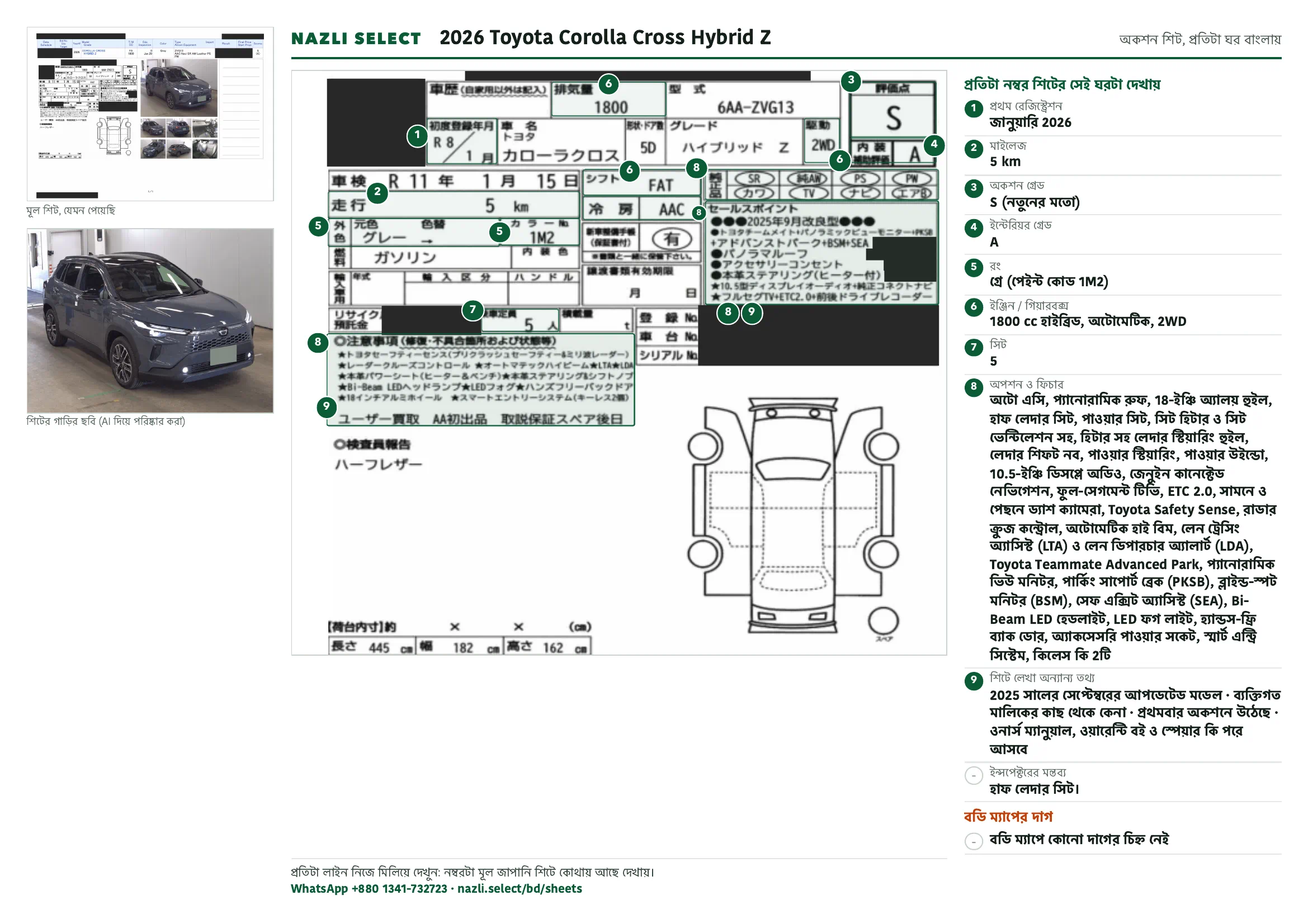 Annotated auction sheet of the 2026 Toyota Corolla Cross Hybrid Z, বাংলা
