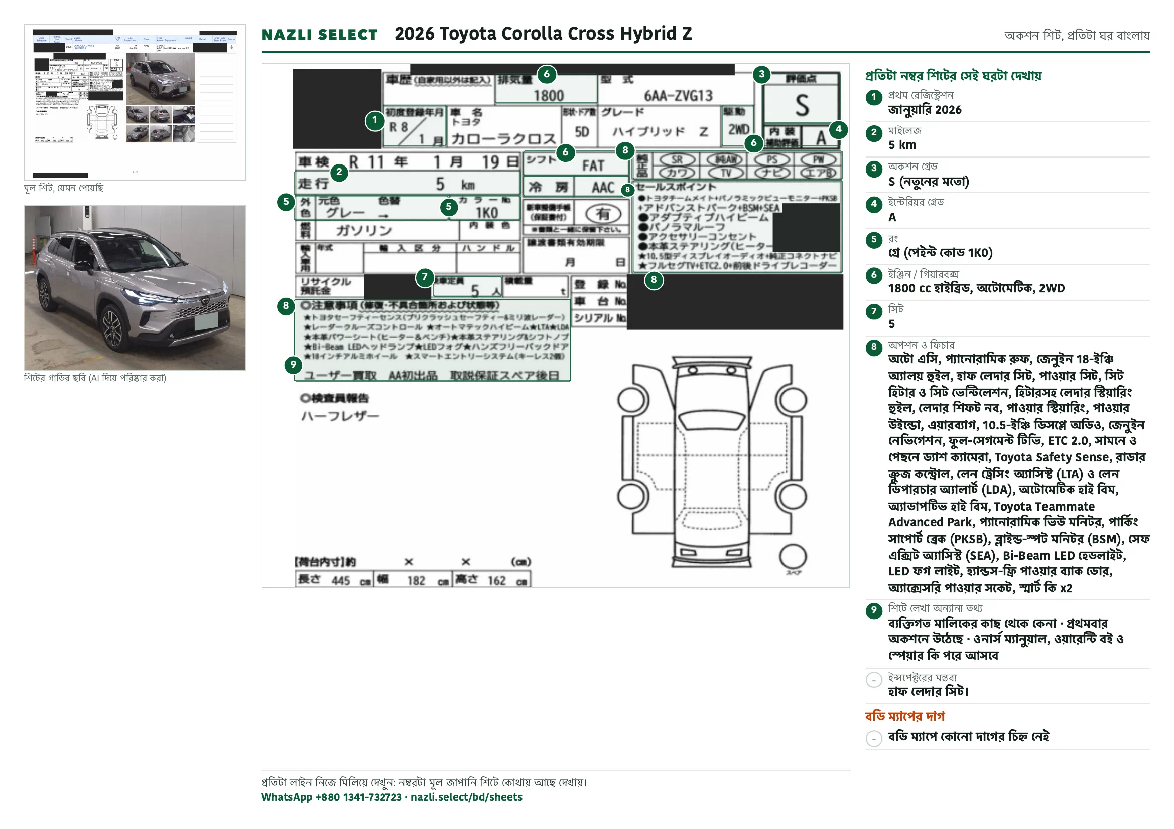 Annotated auction sheet of the 2026 Toyota Corolla Cross Hybrid Z, বাংলা