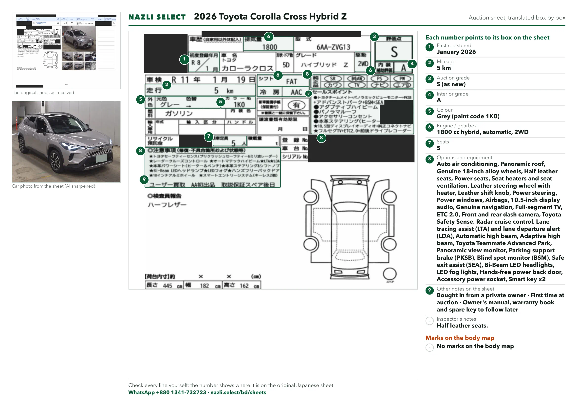 Annotated auction sheet of the 2026 Toyota Corolla Cross Hybrid Z, English