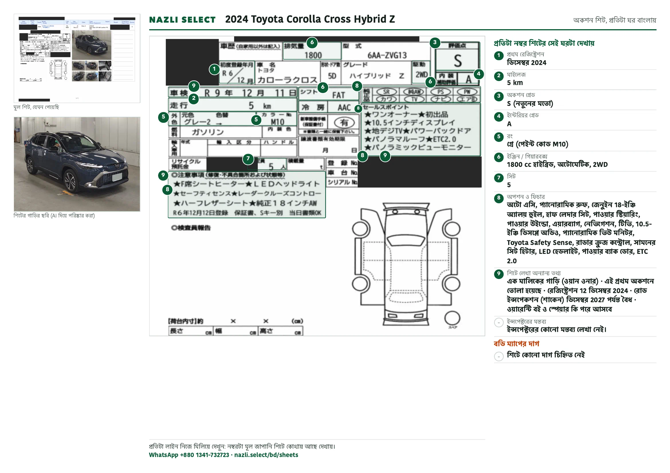 Annotated auction sheet of the 2024 Toyota Corolla Cross Hybrid Z, বাংলা