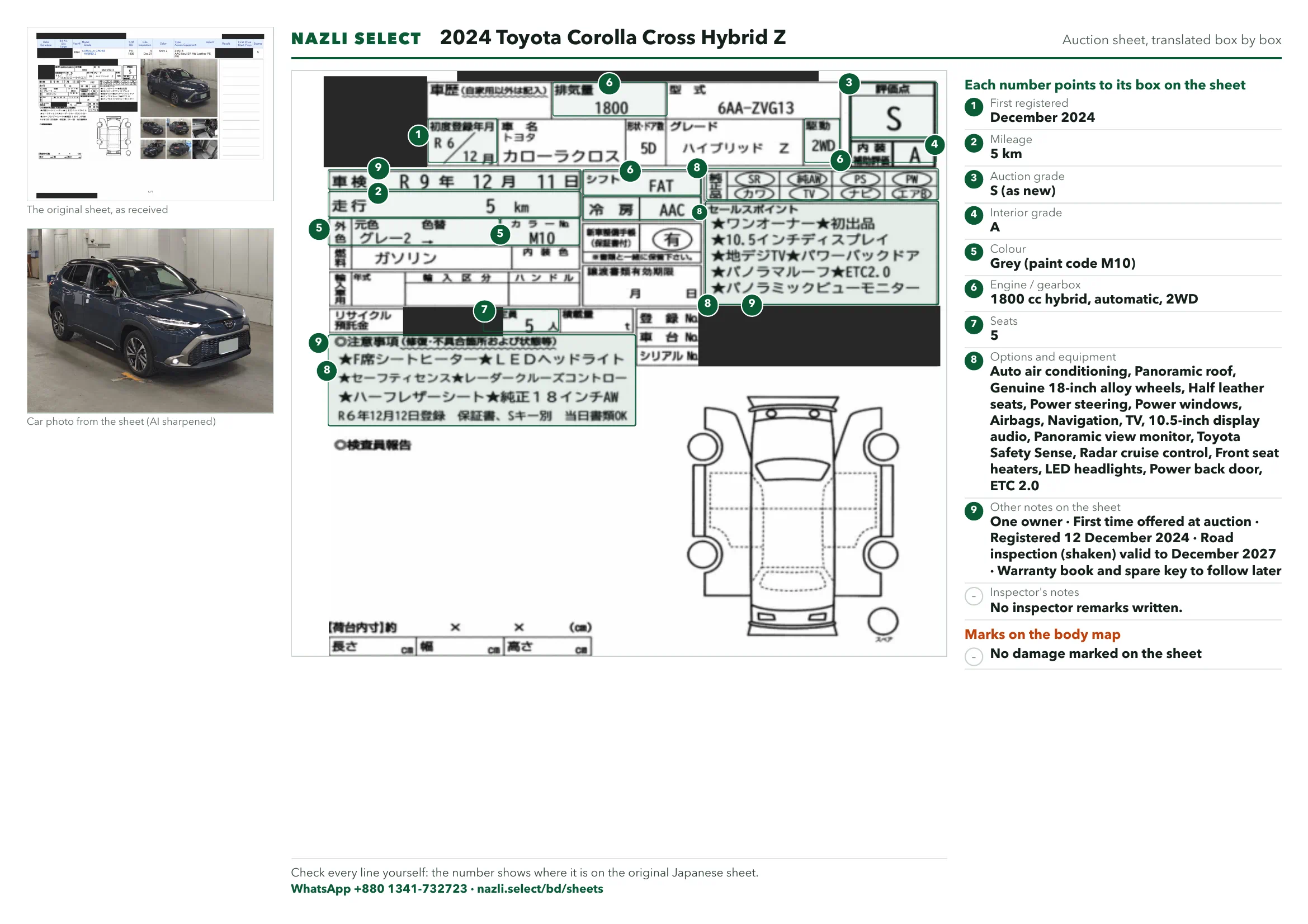 Annotated auction sheet of the 2024 Toyota Corolla Cross Hybrid Z, English
