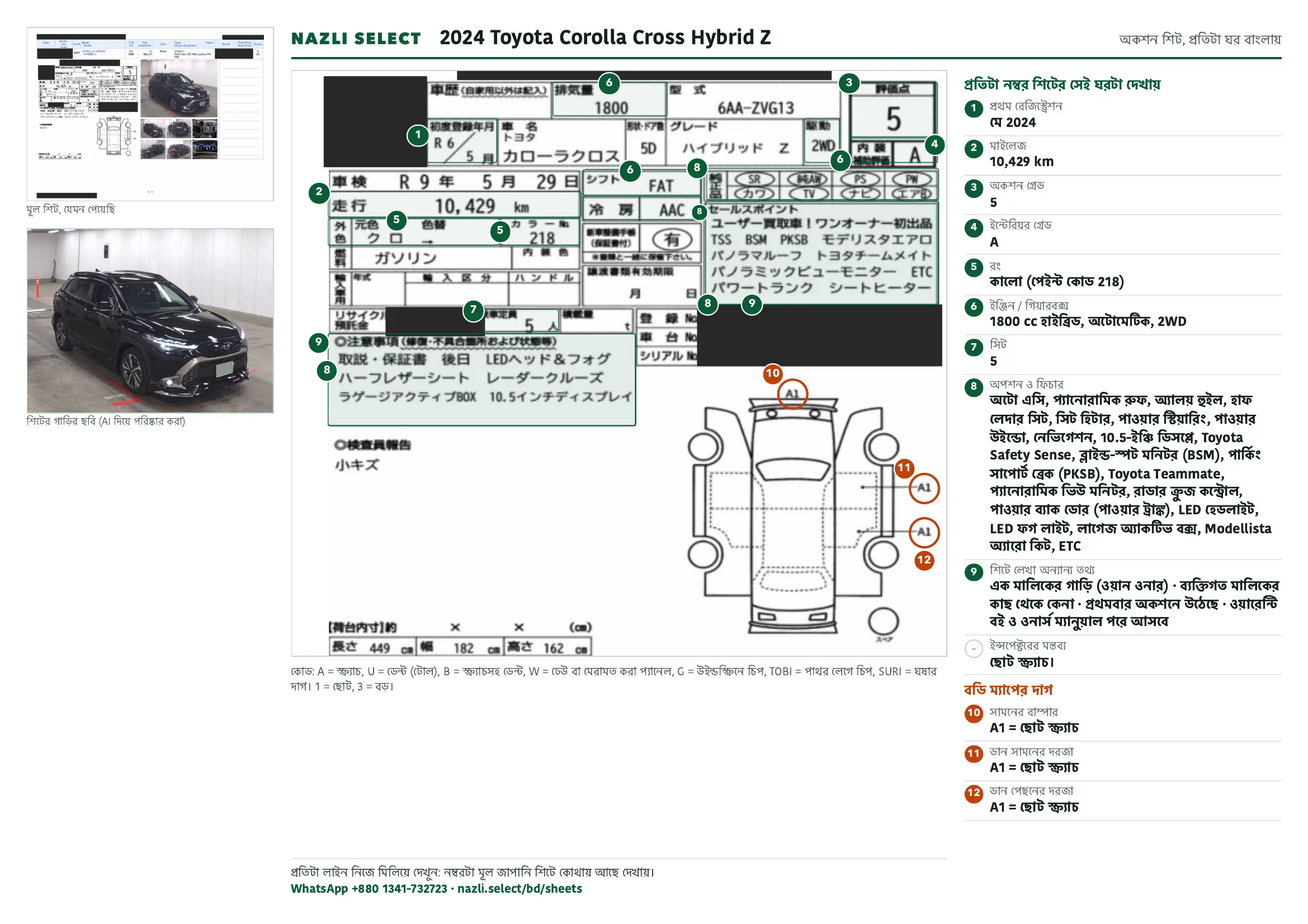 Annotated auction sheet of the 2024 Toyota Corolla Cross Hybrid Z, বাংলা