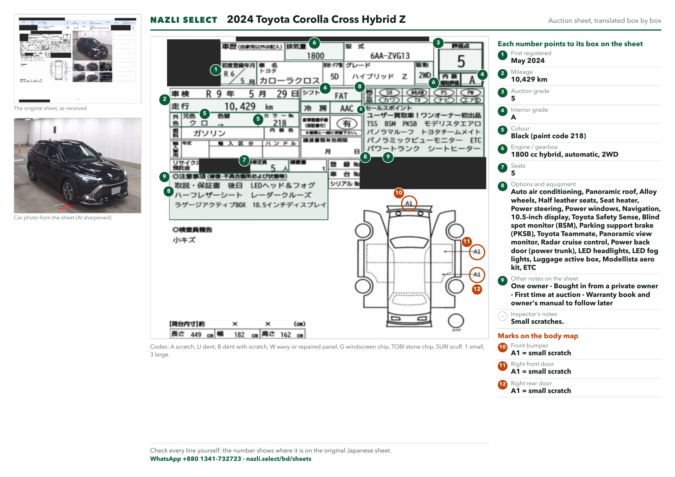 Annotated auction sheet of the 2024 Toyota Corolla Cross Hybrid Z, English