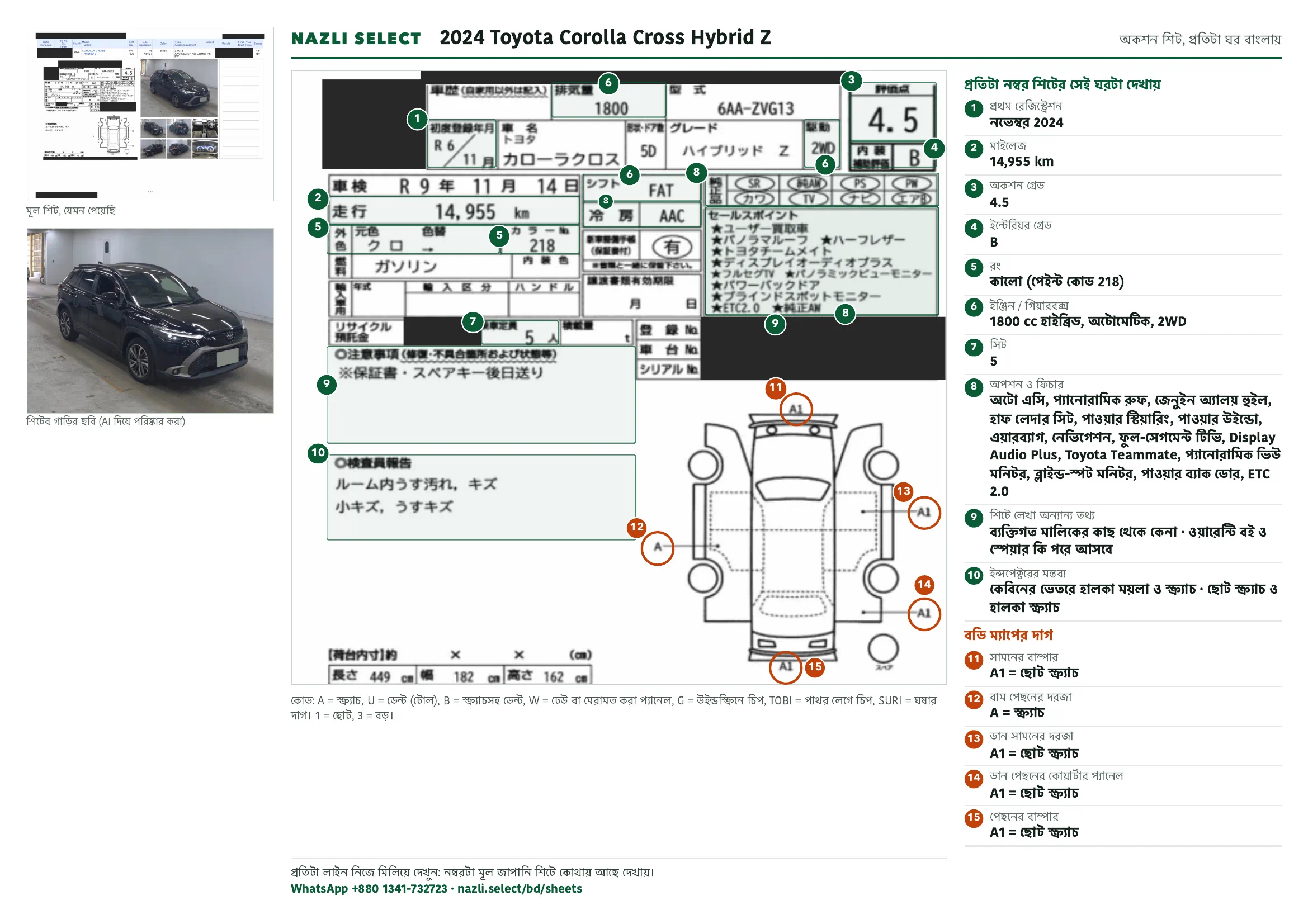 Annotated auction sheet of the 2024 Toyota Corolla Cross Hybrid Z, বাংলা