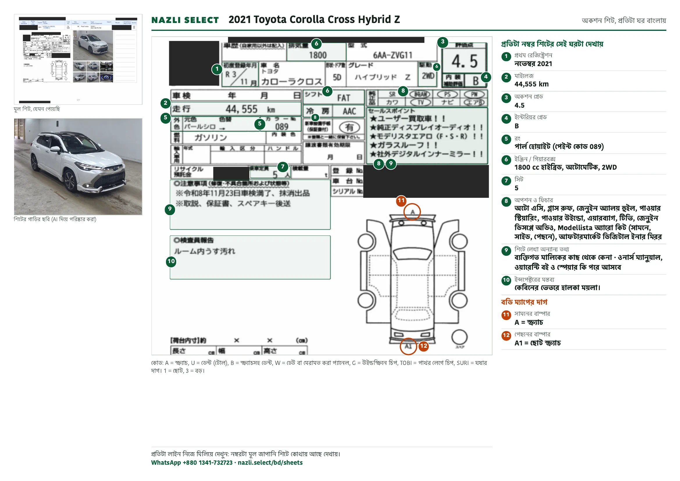 Annotated auction sheet of the 2021 Toyota Corolla Cross Hybrid Z, বাংলা