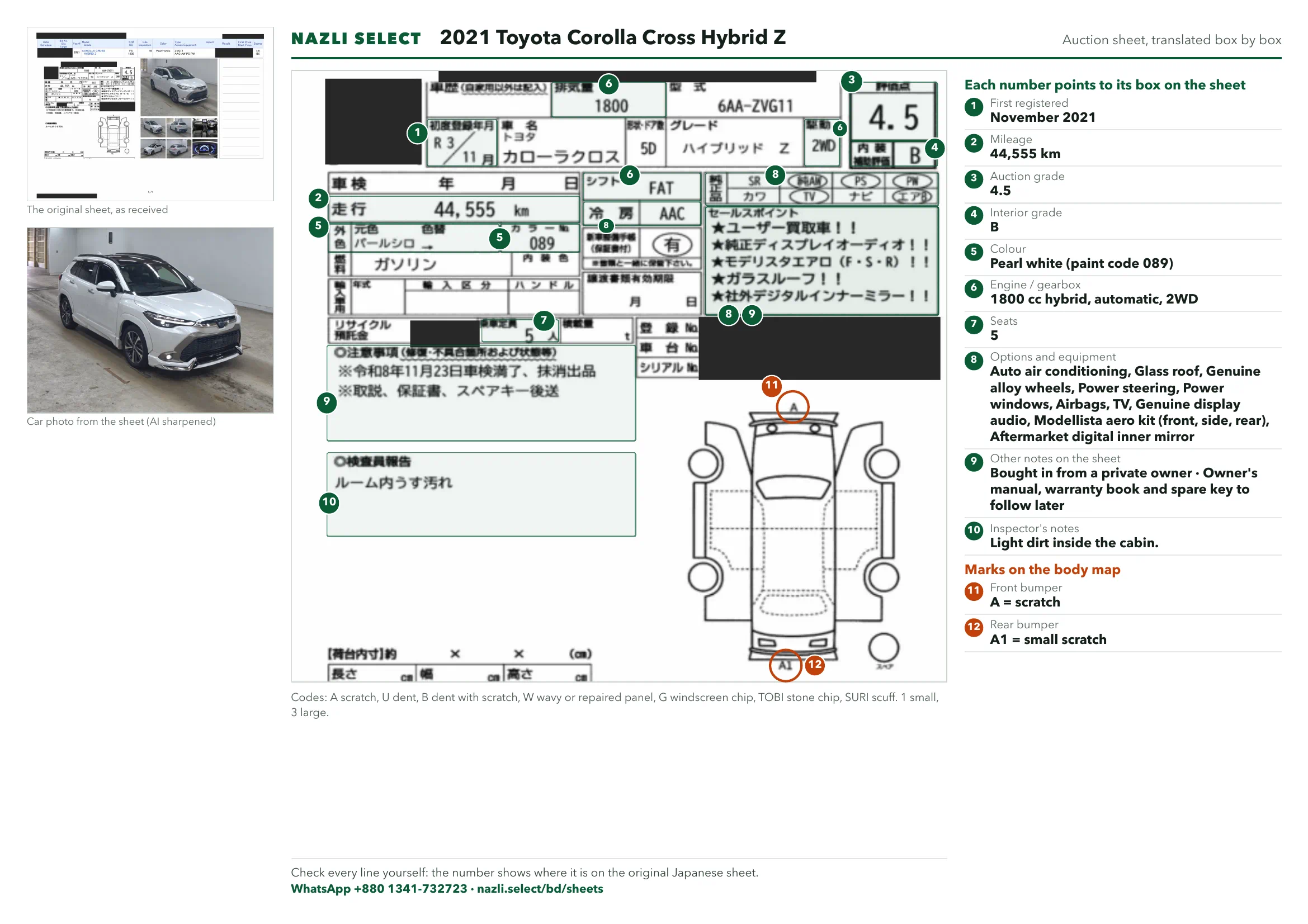 Annotated auction sheet of the 2021 Toyota Corolla Cross Hybrid Z, English
