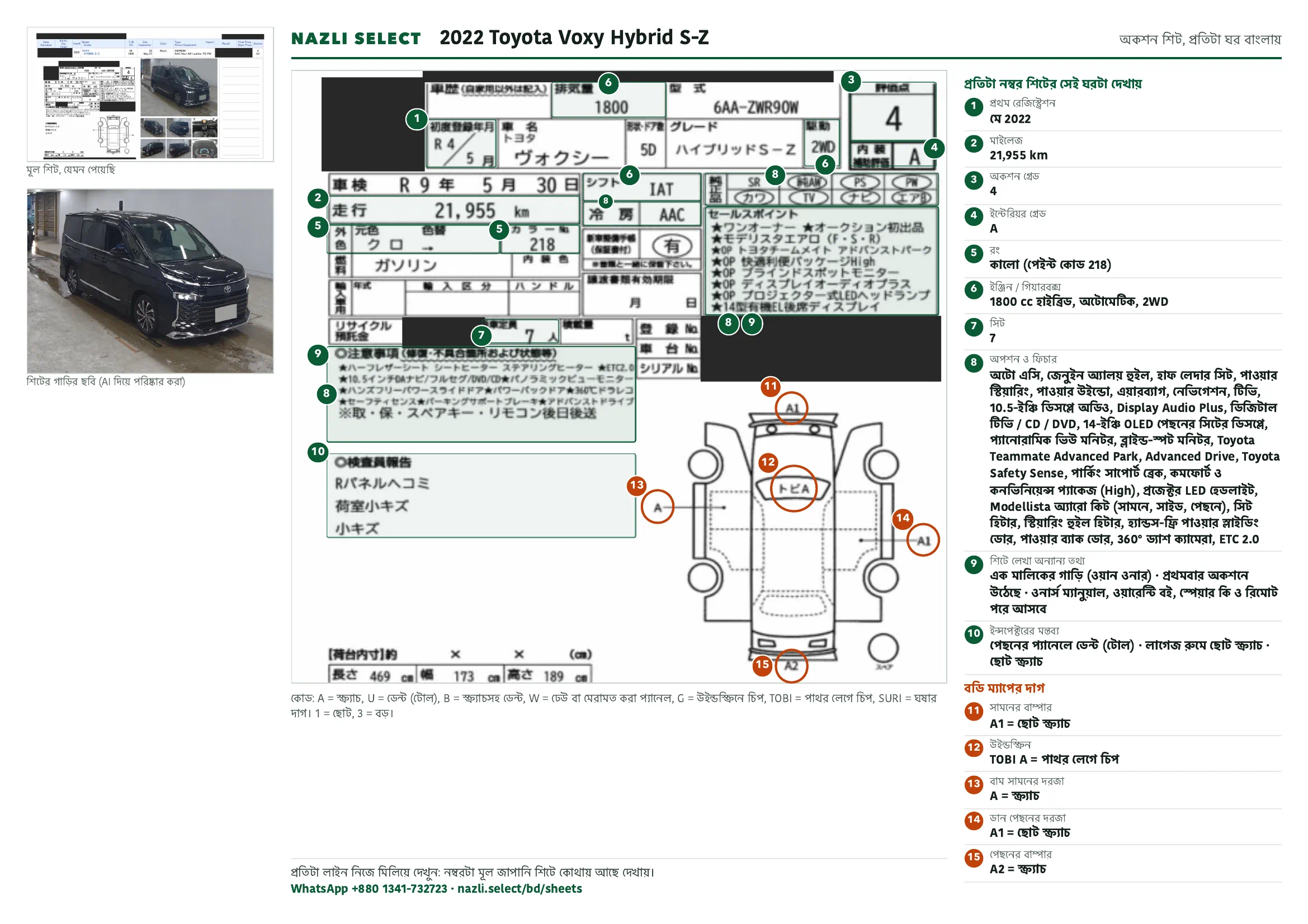 Annotated auction sheet of the 2022 Toyota Voxy Hybrid S-Z, বাংলা