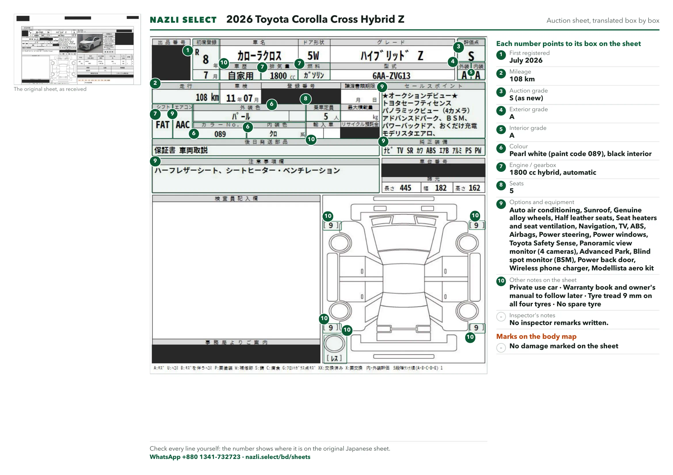 Annotated auction sheet of the 2026 Toyota Corolla Cross Hybrid Z, English