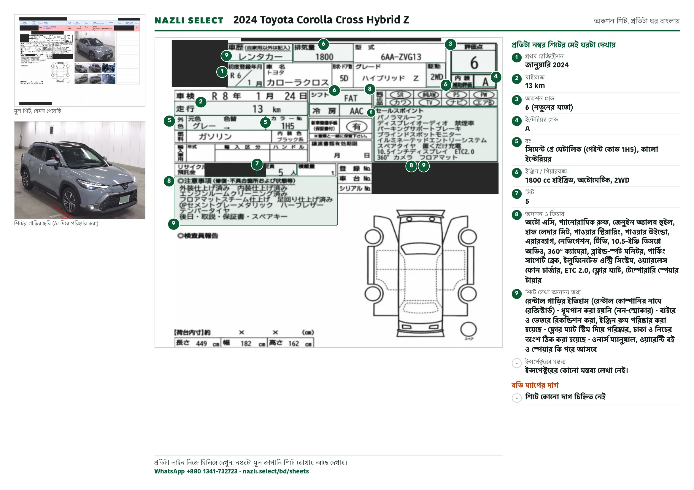 Annotated auction sheet of the 2024 Toyota Corolla Cross Hybrid Z, বাংলা
