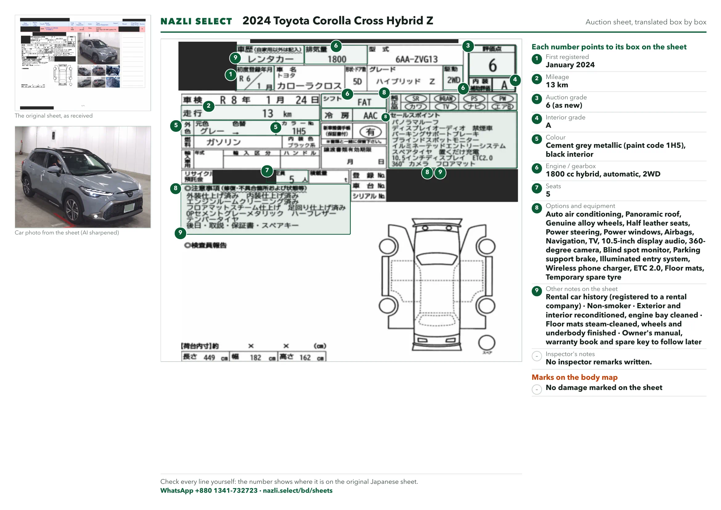 Annotated auction sheet of the 2024 Toyota Corolla Cross Hybrid Z, English