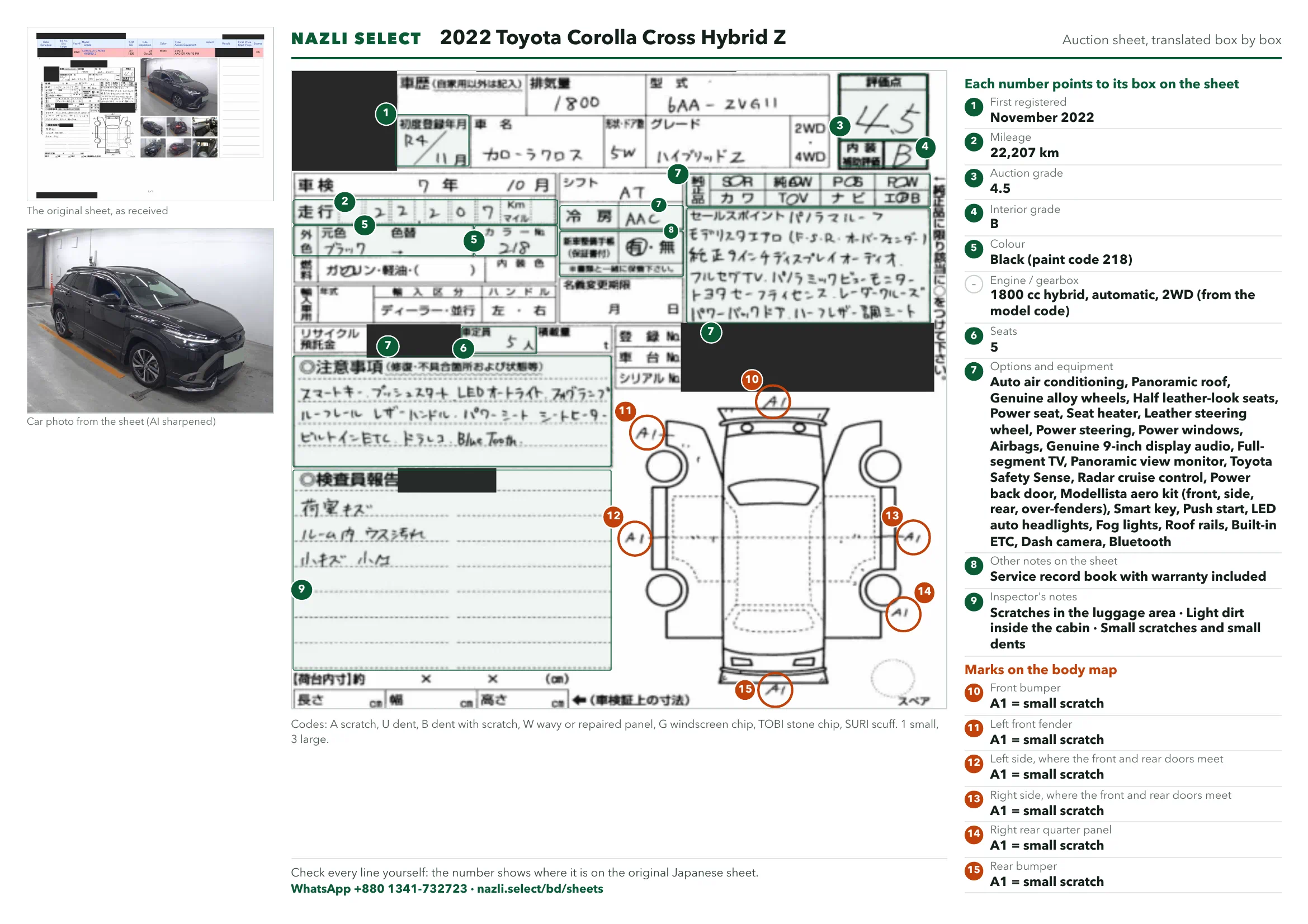 Annotated auction sheet of the 2022 Toyota Corolla Cross Hybrid Z, English