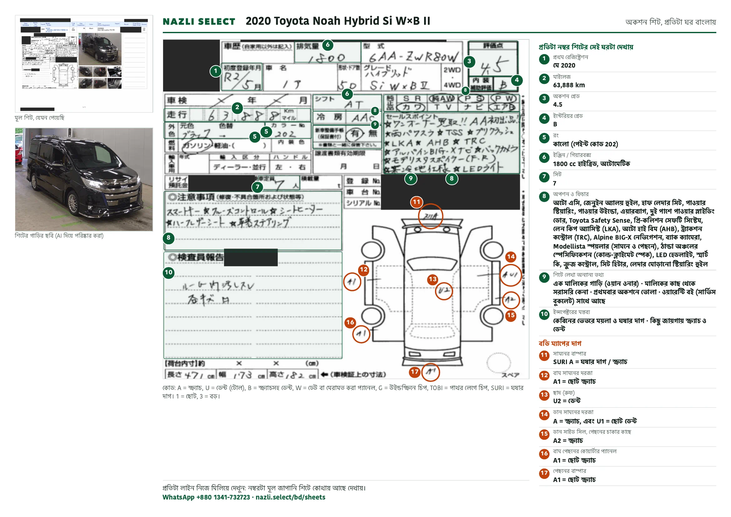 Annotated auction sheet of the 2020 Toyota Noah Hybrid Si W×B II, বাংলা