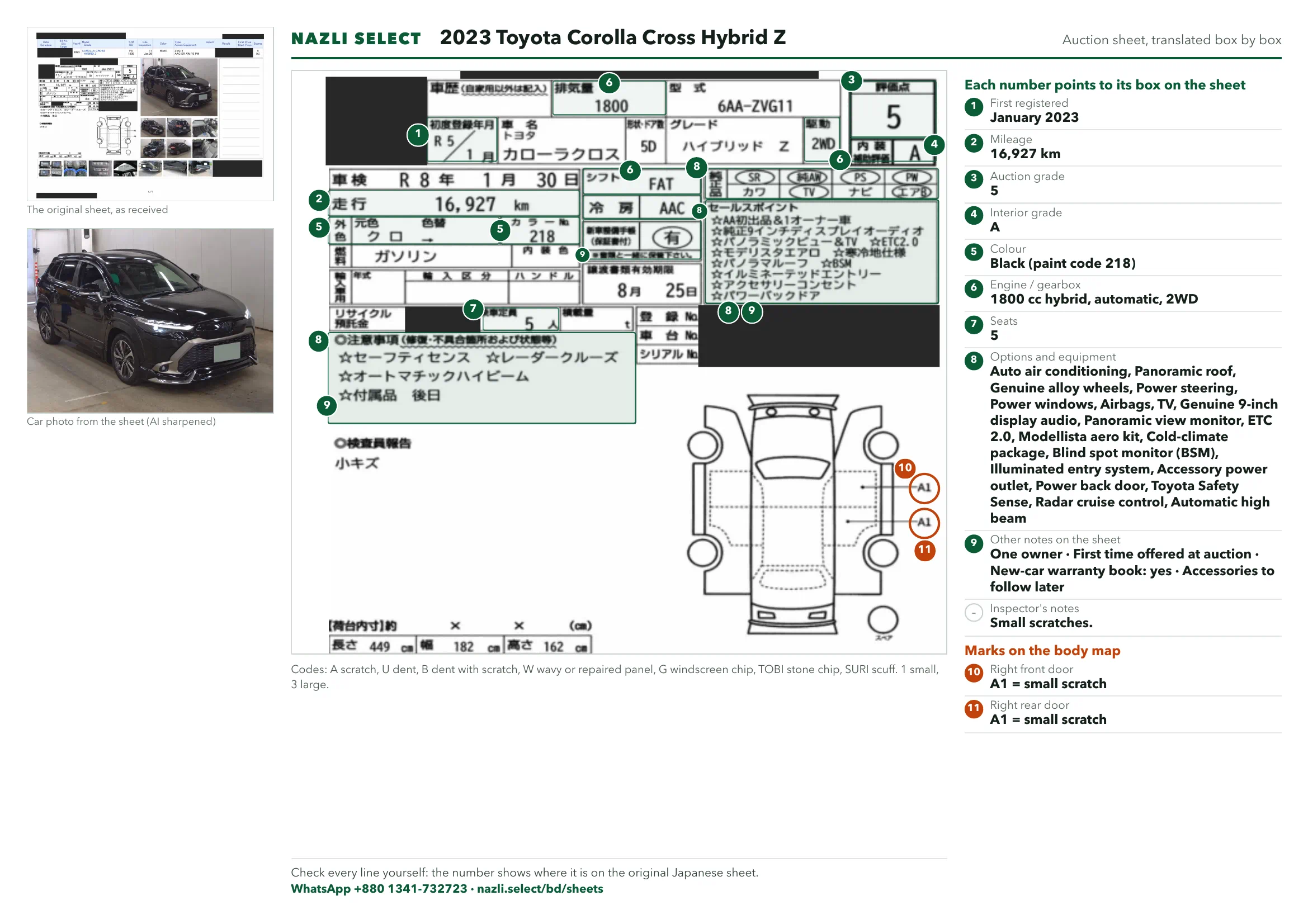 Annotated auction sheet of the 2023 Toyota Corolla Cross Hybrid Z, English