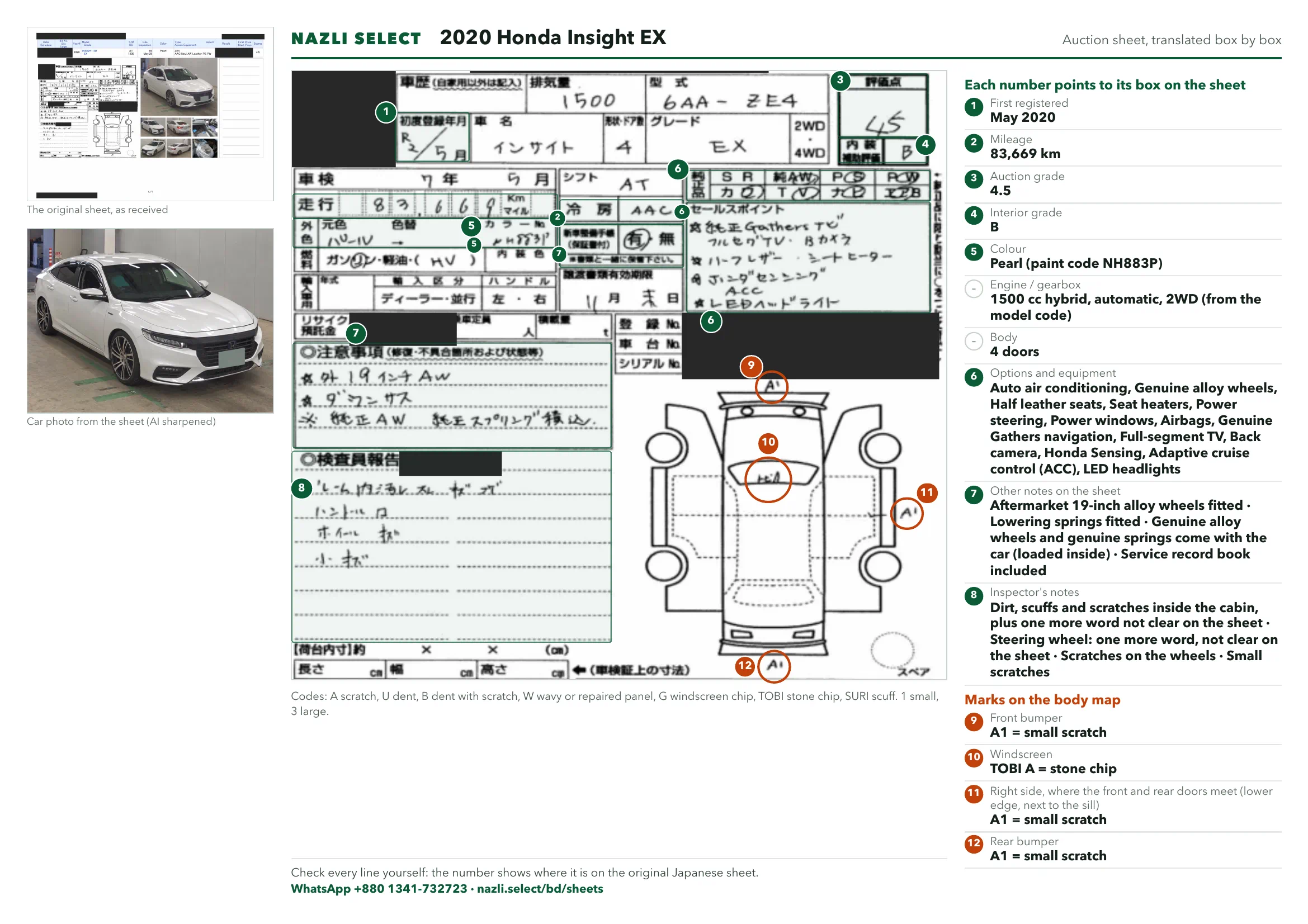 Annotated auction sheet of the 2020 Honda Insight EX, English