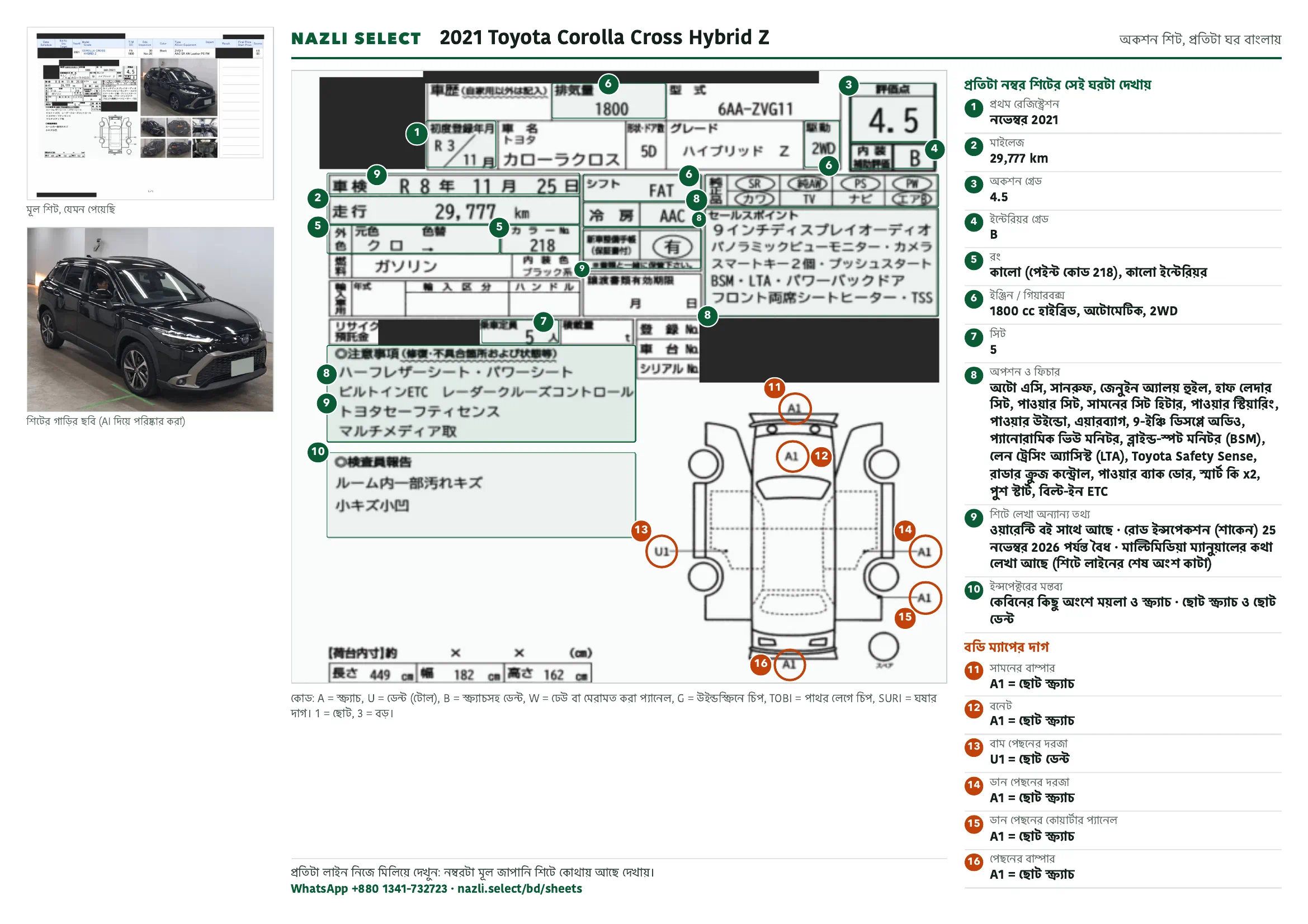 Annotated auction sheet of the 2021 Toyota Corolla Cross Hybrid Z, বাংলা