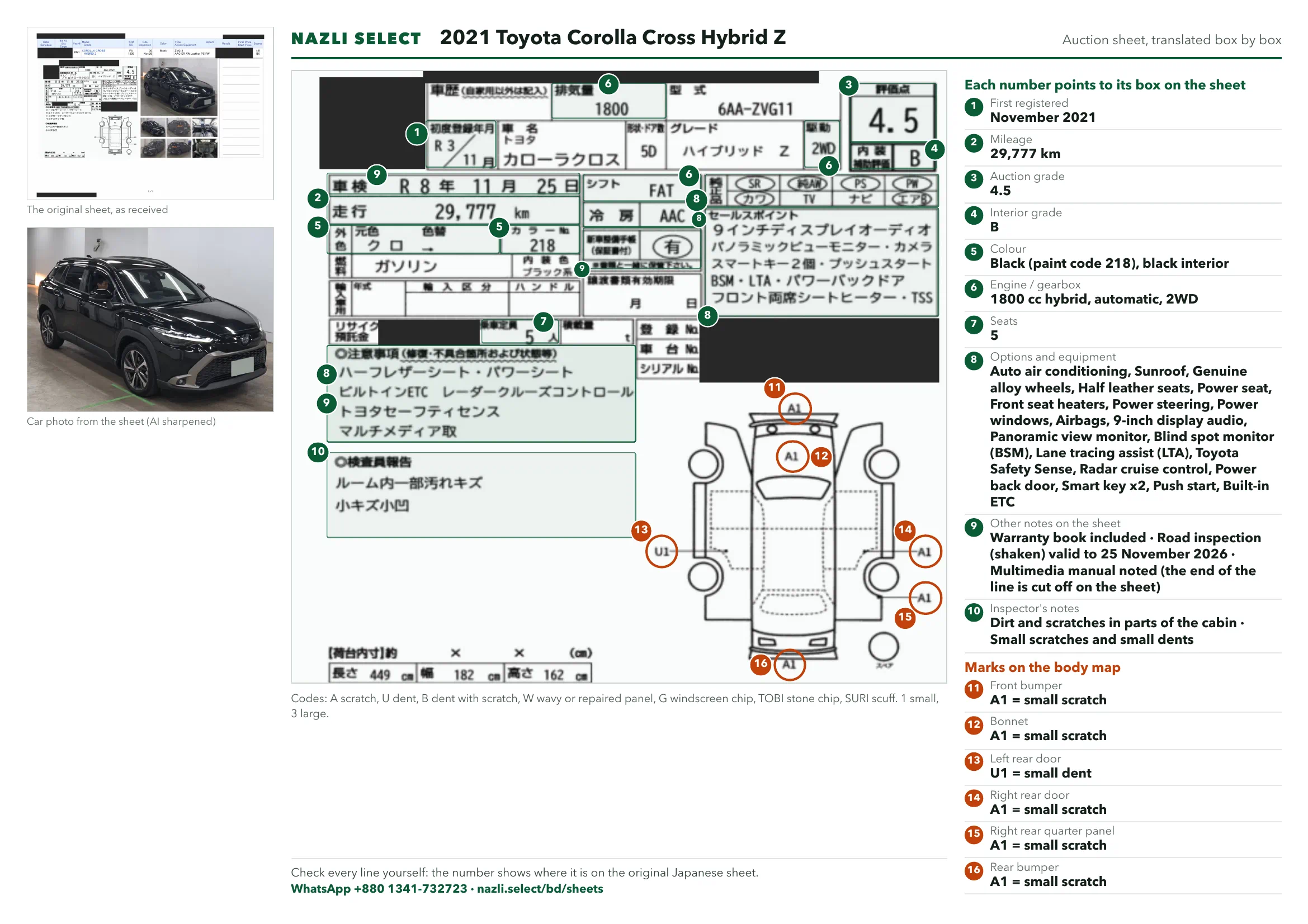 Annotated auction sheet of the 2021 Toyota Corolla Cross Hybrid Z, English