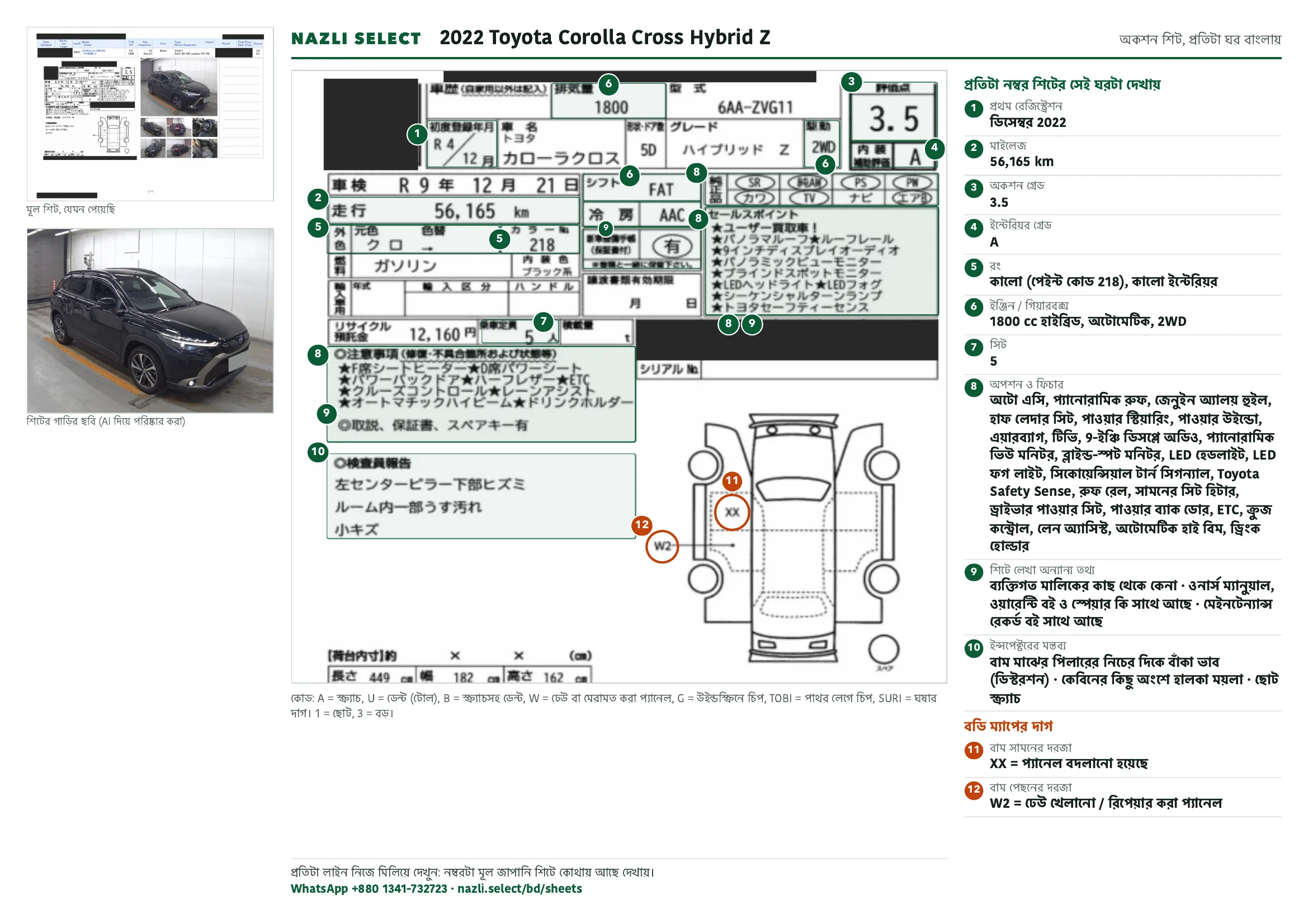 Annotated auction sheet of the 2022 Toyota Corolla Cross Hybrid Z, বাংলা