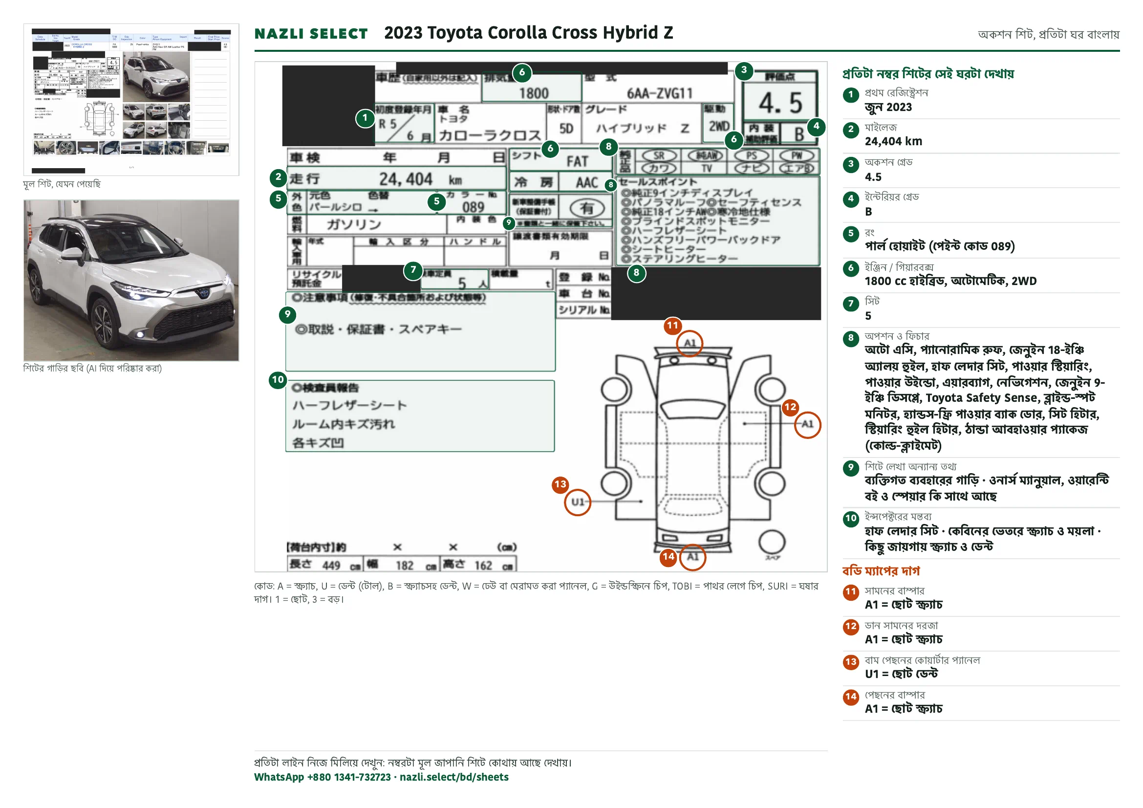 Annotated auction sheet of the 2023 Toyota Corolla Cross Hybrid Z, বাংলা