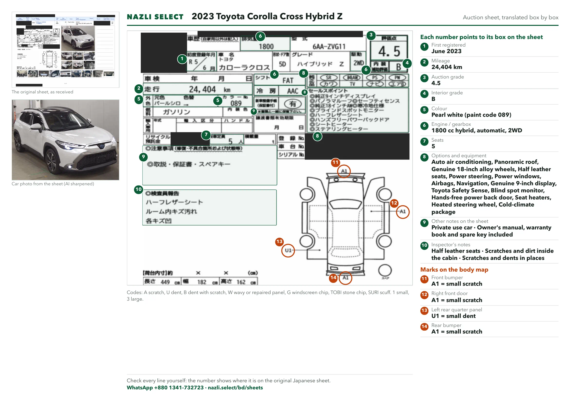 Annotated auction sheet of the 2023 Toyota Corolla Cross Hybrid Z, English